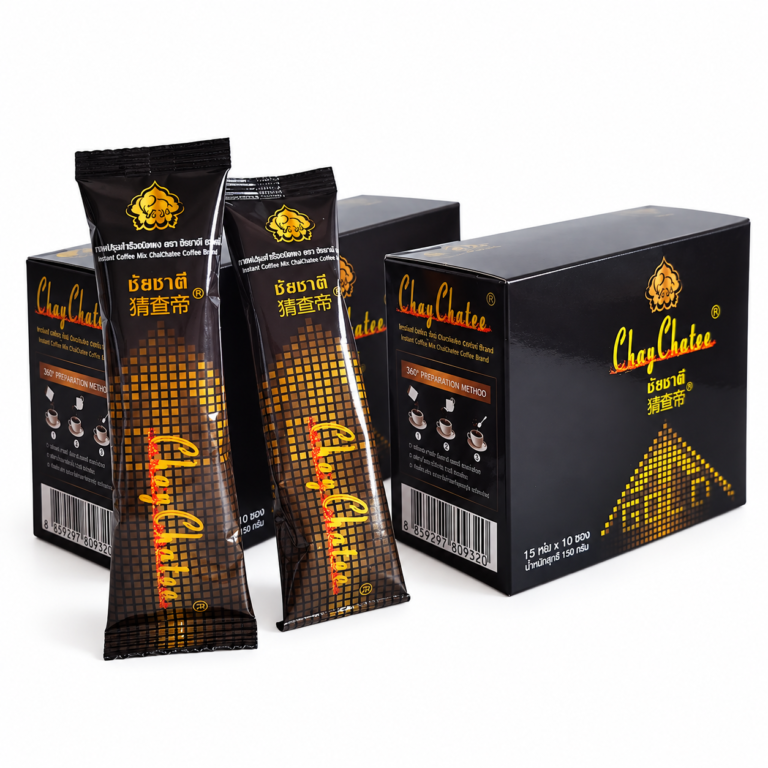 black coffee in black and gold packaging, with two boxes and two 15g sachets