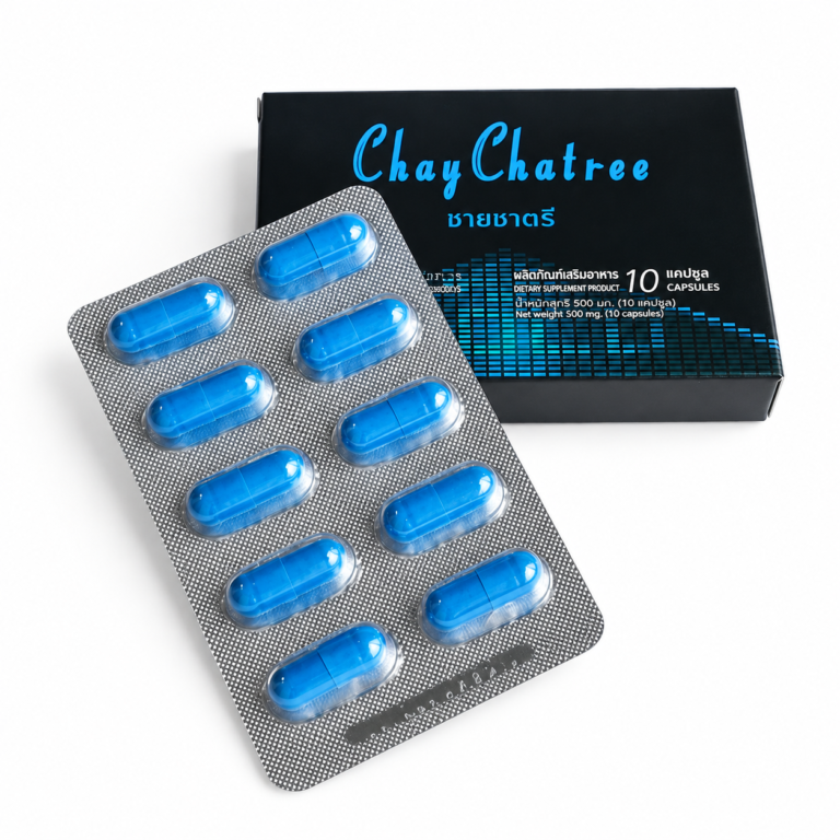 ChayChatree black and blue packaging box with a blister pack of 10 blue capsules