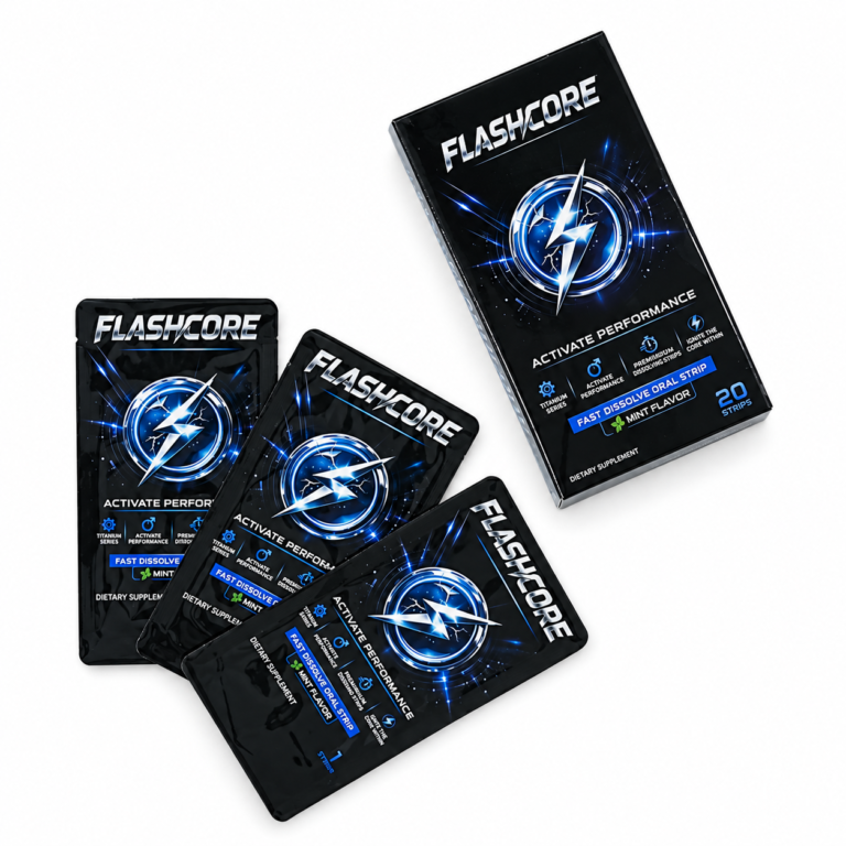FLASHCORE black and blue 20-strip box with three individually sealed oral dissolving strip sachets