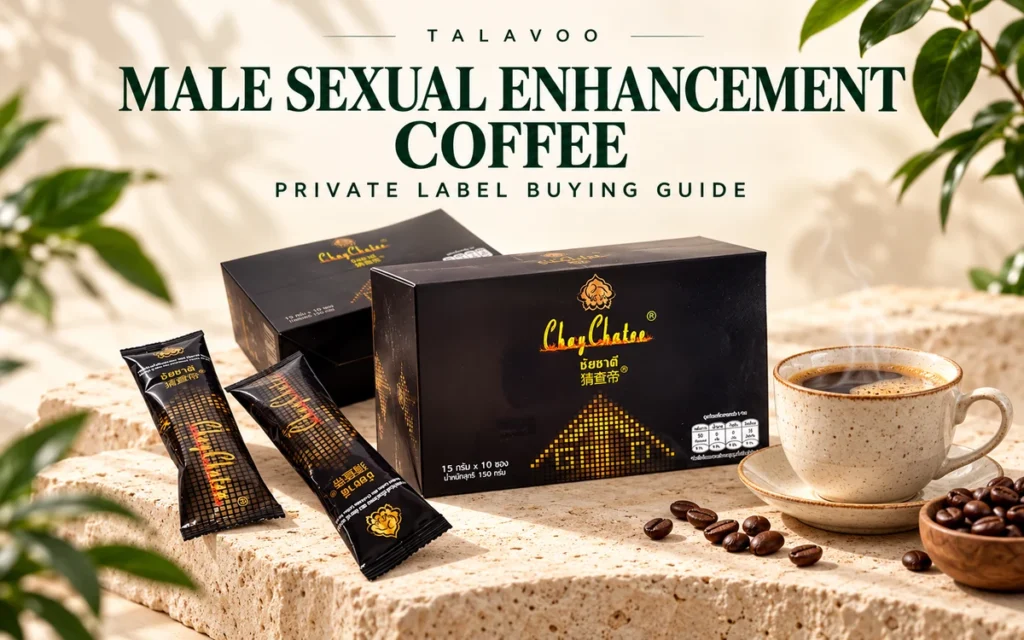 ChayChatee coffee boxes and sachets beside a cup of coffee on a stone display