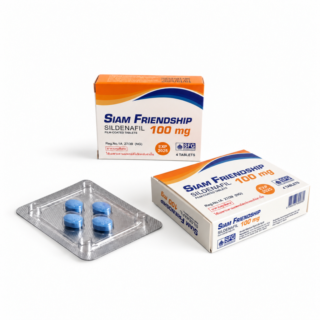 Siam Friendship Sildenafil 100mg white and orange boxes with a blister pack of four blue tablets