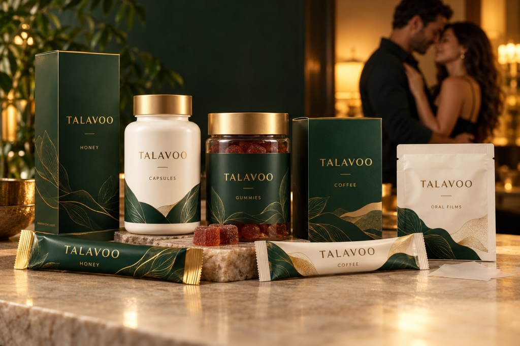Talavoo branded packaging for male sexual wellness products