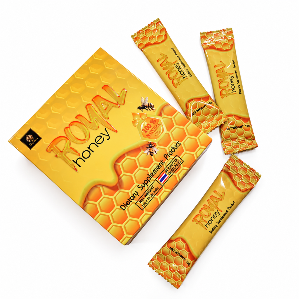 Thai Royal Honey 15g gold packaging box with three individual honey sachets